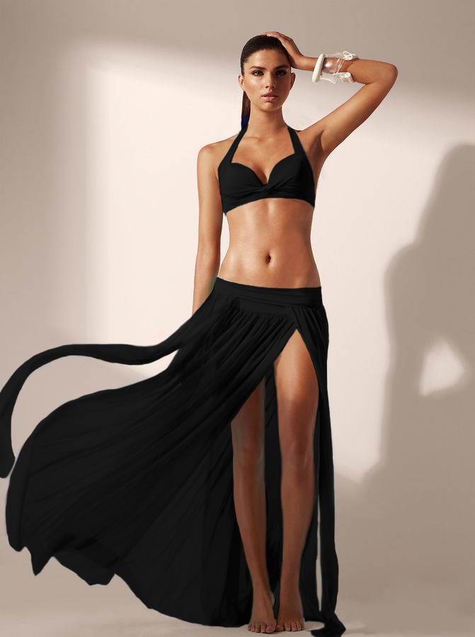 F4460-2 Black Elegant Mesh Maxi Skirt Cool Beachwear